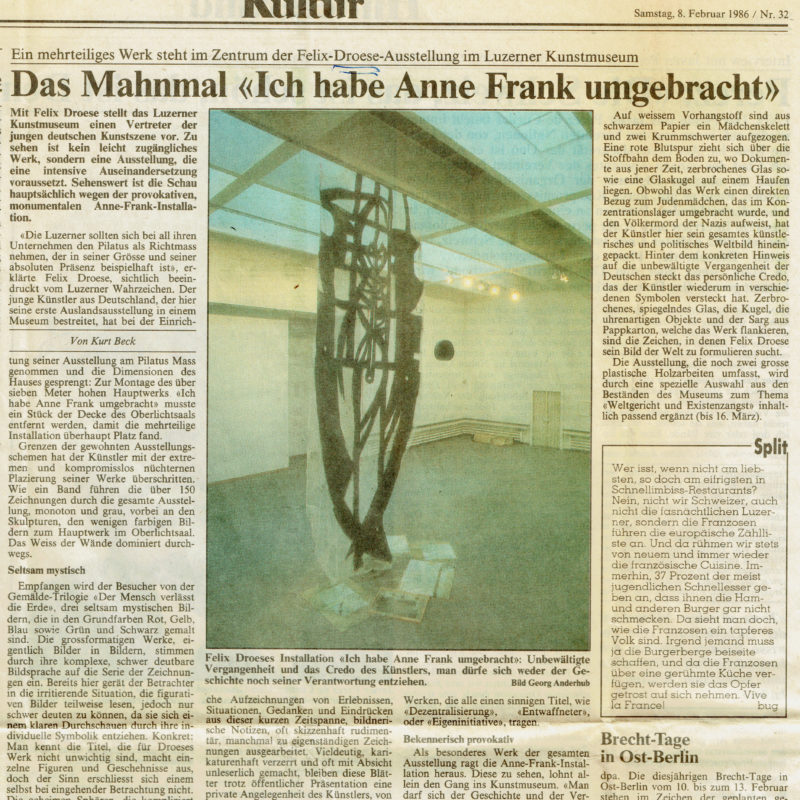 Felix Droese - Das Mahmal <Ich habe Anne Frank umgebracht> - Newspaper