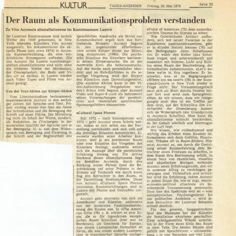 Vito Acconci - Der Raum als Kommunikationsproblem verstanden - Newspaper